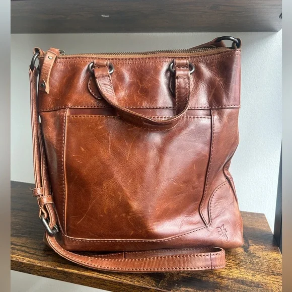 Frye Cognac Leather Crossbody Tote Bag | Vintage Patina - Picture 1 of 8
